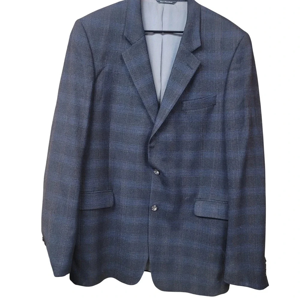 Workers United Mens Navy Blue Herringbone Plaid Blazer Sport Coat Made in Canada